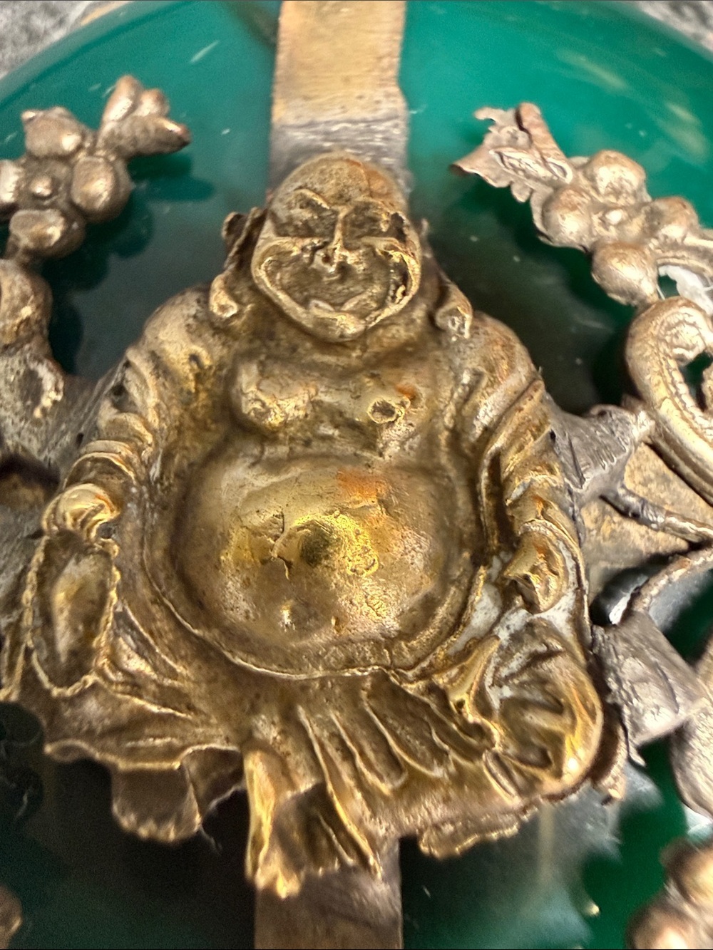 Antique, vintage, Green Jade-Style Buddha Brooch with Silver-Toned Accents - Picture 3 of 11